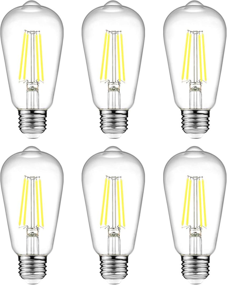 Ascher Vintage LED Edison Bulbs, 6W, Equivalent 60W, Non-Dimmable, Daylight 5000K, 700Lumens, ST58 Antique LED Filament Bulbs with 80+ CRI, E26 Medium Base, Clear Glass, Pack of 6