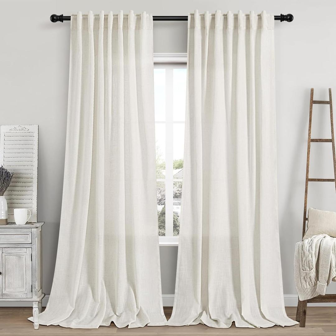 Cream Linen Curtains 112 Inches Long for Living Room Extra Long Back Tab Curtains Neutral Farmhouse Light Filtering Semi Sheer Linen Drapes Ceiling to Floor for Large Window 2 Panels Set 52x112 (Natural)
