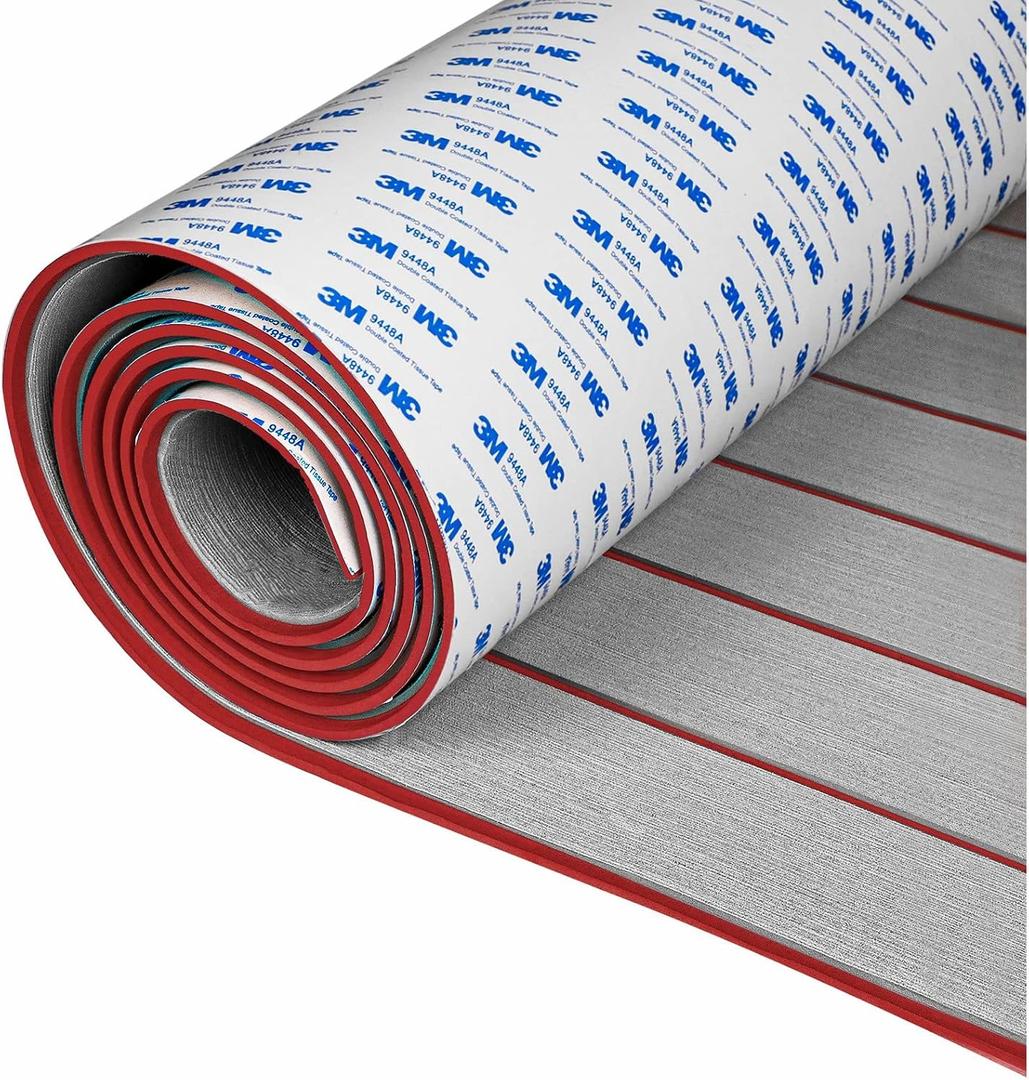 OCEANBROAD Boat Flooring 96''x45.6'', Gray with Red Seam Lines | with 3M Adhesive Backing Non-Slip Eva Foam Marine Boat Decking Sheet For Motor Pontoon Jon Boats RV Floor