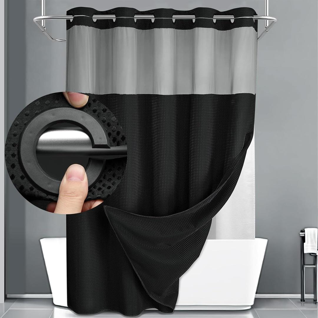 YellyHommy No Hook Shower Curtain with Snap in Liner Set Less Time Black Waffle Shower Curtain for Bathroom 81" L x 72" W