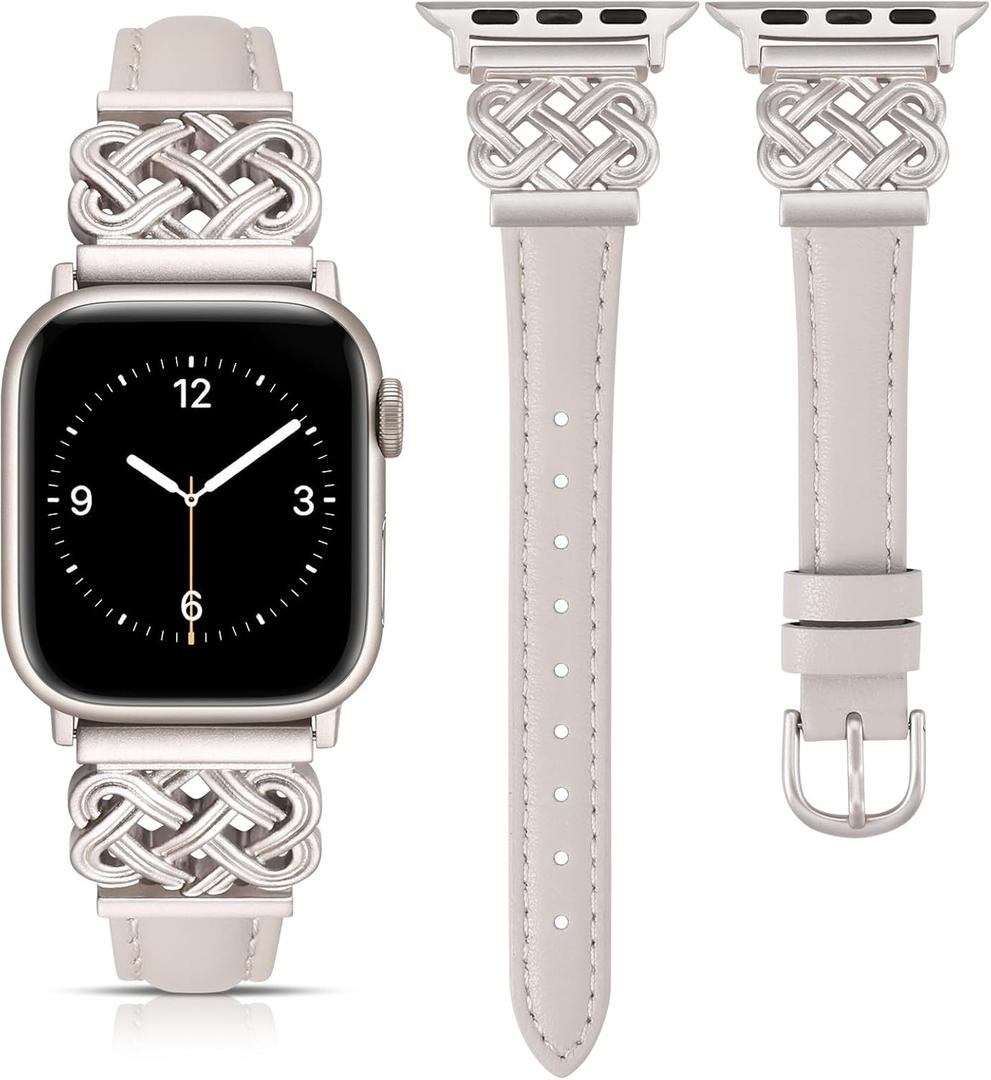 TOYOUTHS Compatible with Apple Watch Bands Women 38/40/41/42mm Dressy Slim Leather Strap with Designer Celtic Knot Interlock Buckle Bracelet for iWatch Series 11 10 9 8 7 6 5 4 SE 3 2 1, Starlight