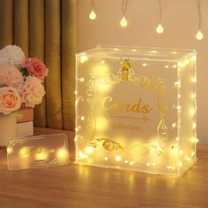 DIWNELEM Acrylic Wedding Card Box with Lock String Light Frosted Large Card Box for Wedding Letter Box Envelope Box Acrylic Gift Card Box Money Box for Party Birthday Reception (9.6*9.2*9.6 inches, Model 3)