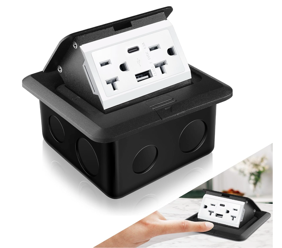 Hoolerry Pop up Floor Outlet Floor Kit Waterproof Electrical Outlet Cover Box with 4.8A USB A & Type C Charge and 20 Amp Tamper Resistant Plug Receptacle Box for Countertop Office Home(Black)