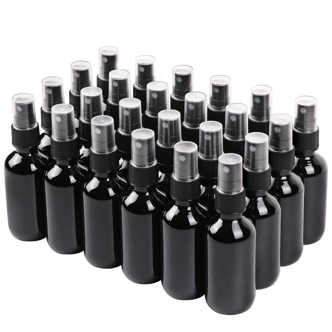 Black Glass Small Spray Bottle 2 oz 24 Packs,Fine Mist Sprayer Small Clear Bottles,Refillable Containers mini spray bottles for Cleaning Solutions and Skin Care (Black 24pcs)