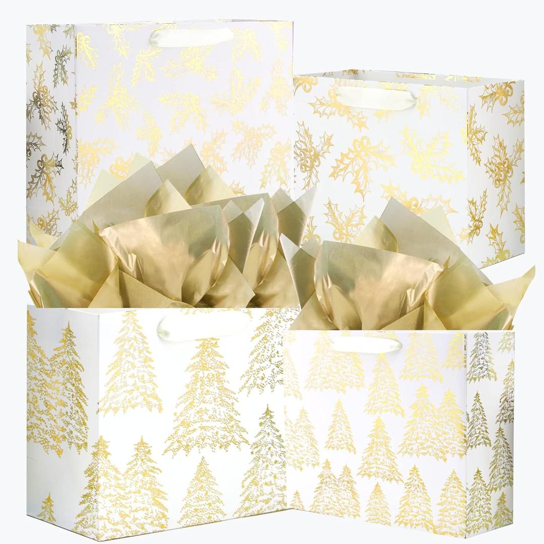 UNIQOOO 12PCS Assorted Metallic Gold Bags, Size L 12.5'' M 9'', Gilded Xmas Tree Gift Wrap Bags, Golden Mistletoe Paper Favor Bag Gift Packaging For Thanksgiving Holiday New Year Party