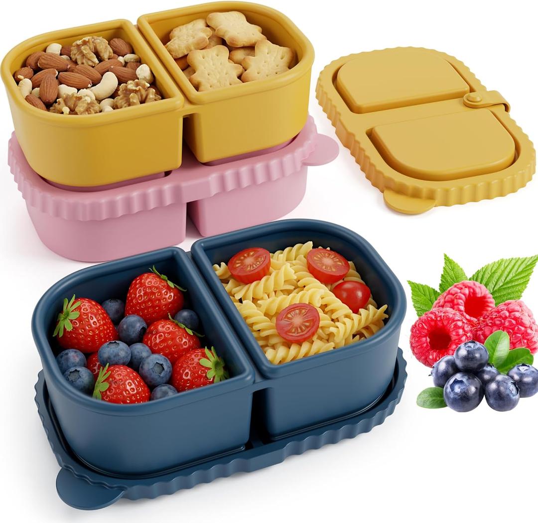 3 Pack Reusable Silicone Snack Containers with Lids, 8.5oz 2 Compartment Snackle Box Containers, Ideal Portable Small Snack Pack Containers for School, Office and Picnic (Blue, Pink, Yellow)