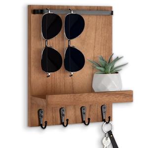 Lucundm Key Holder Wall Mount, Key Holder for Wall with 4 Hooks, Farmhouse Key Hanger Holds Dog Leash, Sunglasses – Decorative Mail Organizer Home Decor (Wood)