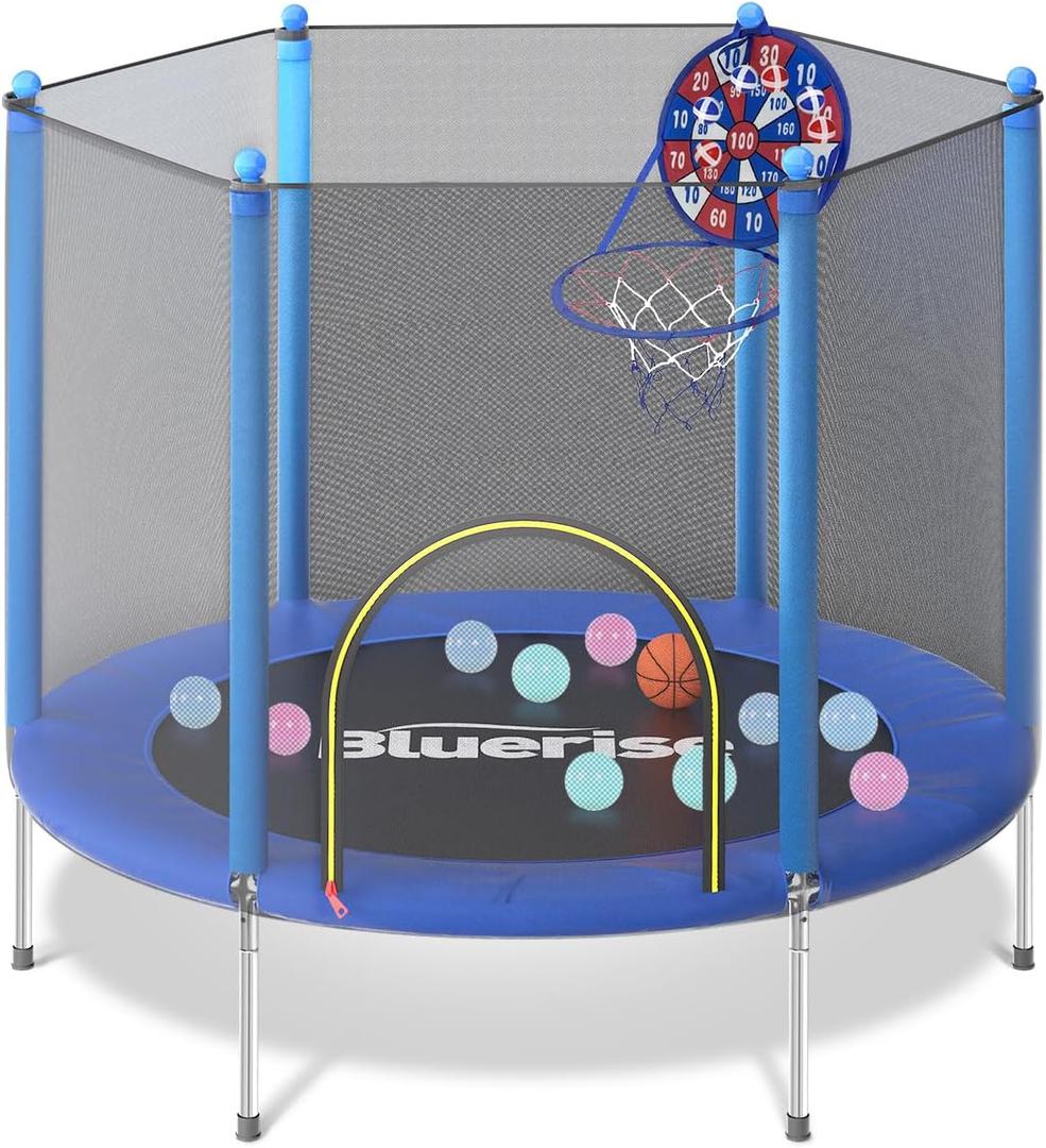 BLUERISE 55IN 6FT Toddler Trampoline for Kids Indoor Outdoor Play for Kids Trampoline Basketball Hoop Attachment with Enclosure Net Easy to Assemble, Size: 55IN
