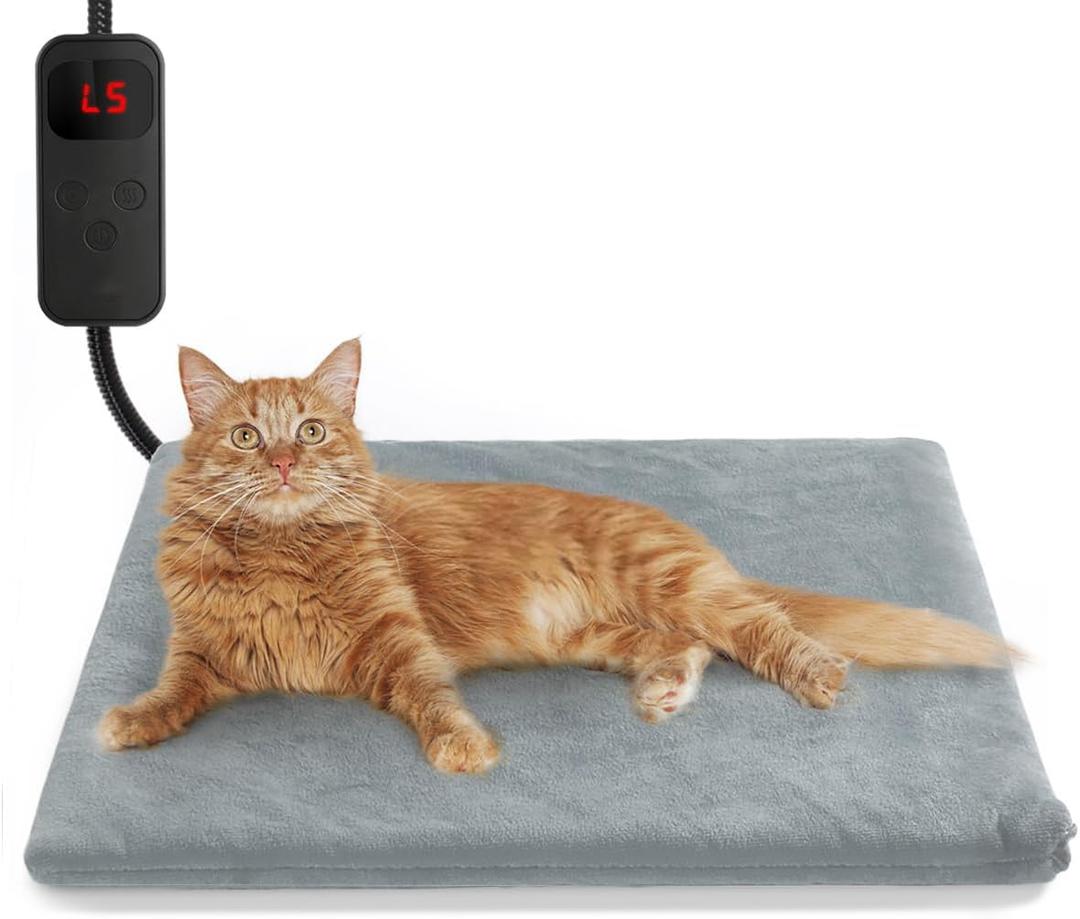 Pet Heating Pad for Cat Dog,Extremely Waterproof Heated Cat Bed Outdoor&Indoor,Adjustable Heated Dog Blanket Mat with 6 Temperature&5 Timers Set,Pet Heater Warmer(Grey,M-17.7" Lx17.7 W) (17.7"L x 17.7"W x 1.3"Th)