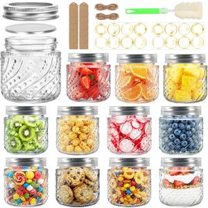 8oz Mason Jars with Silver Lids and Bands, 12 Pack with Wave and Dot Pattern, Stickers&Tags, Half Pint Glass Canning Jars for Honey, Jam, Candies, Jelly, Spice, DIY Crafts & Wedding Favors