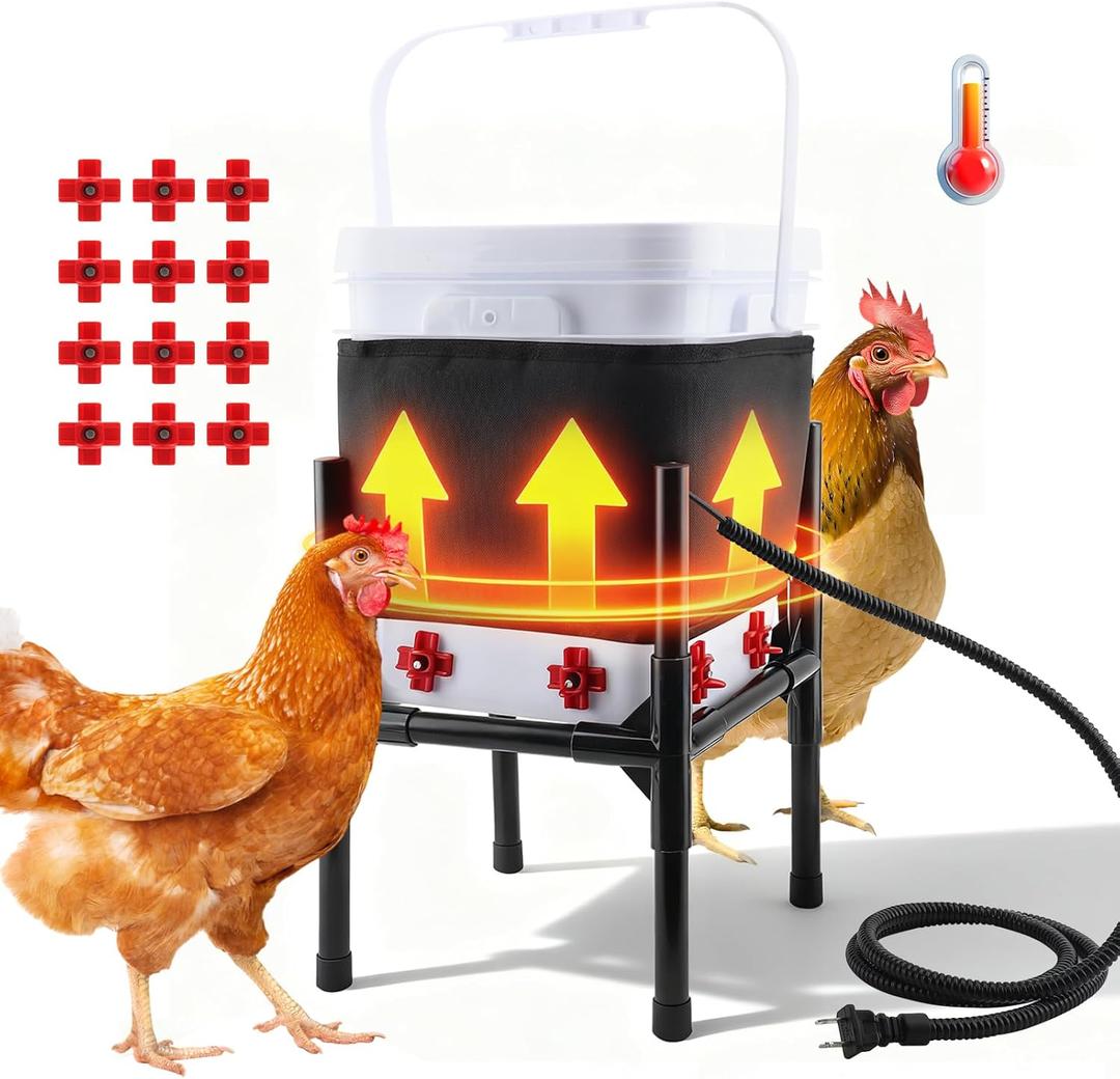 Heated Chicken Waterer 5 Gallon, 20L Poultry Waterer Feeder Set with Stand,12 Drinking Nipples, Chicken Coop Accessories for 1525 Chickens