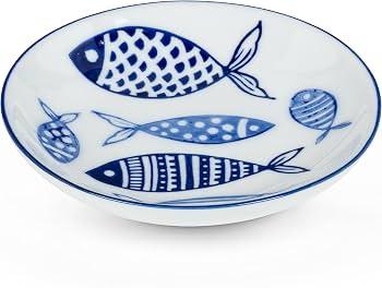 Abbott Collection Home and Kitchen Décor - Round Shallow Porcelain Serving Dish, 4" Diameter, White and Blue Fish Motif – Nautical Inspired Appetizer Plate, 2 Packs