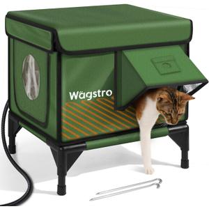 Heated Cat House for Outside, Insulated Weatherproof Heated Outdoor Cat House with Waterproof Eaves & Escape Door, Elevated Outdoor Cat Shelter for Feral Stray Cat (Green, 16.5"x13"x16.9")