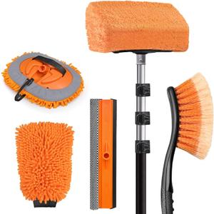 20ft Reach Car Wash Brush with Long Handle-Car Cleaning Kit with 4-12FT Extension Pole, Ultimate RV,Truck Wash Set with Soft Brush, Tire Brush, Window Squeegee, Mitt, Microfiber Cleaning Mop