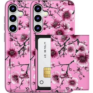 Compatible for Samsung Galaxy S24 / S25 Case with Card Holder Cute - Kawaii Design Military-Grade Drop Protection Rugged Wallet Cases for Women (Pink Cherry Flower Blossom)
