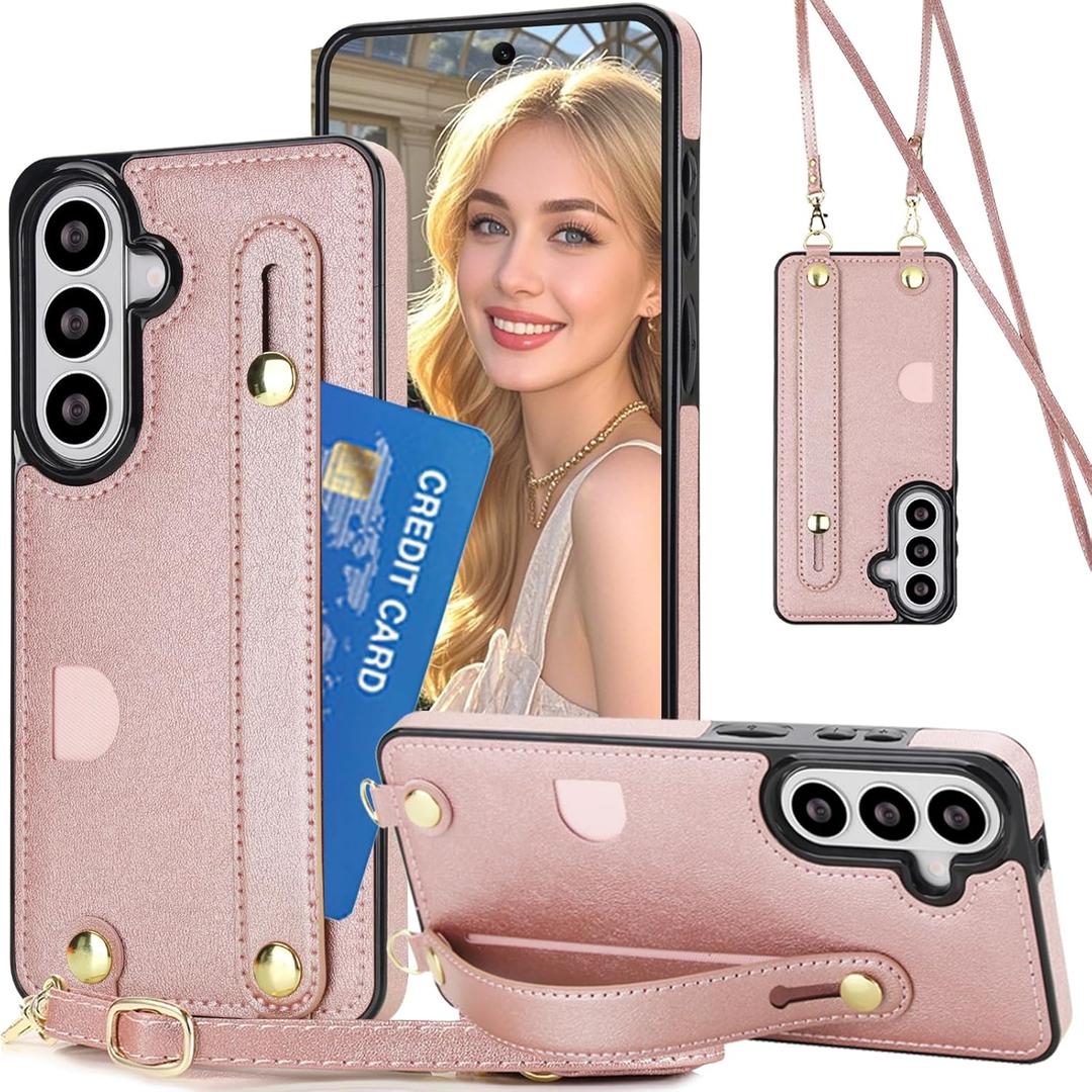 for Samsung Galaxy S26 Case with Card Holder & Wrist Strap, PU Leather Shockproof Crossbody Cover with Adjustable Shoulder Lanyard & Wristband & Kickstand for Galaxy S26 XK-Pink