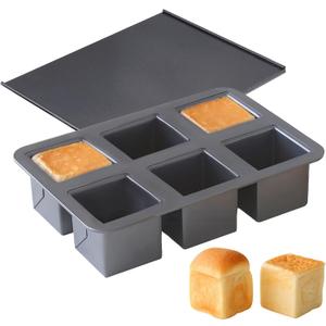 Mini Pullman Loaf Pan with Lid, 6-Cavity Nonstick Square Bread Baking Pan, Carbon Steel Loaf Toast Box Mold with Cover for Homemade Bread Meatloaf Cake