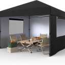 10x10 Pop Up Canopy with 3 Sidewalls - Easy Up Camping Tent with One Button Push Setup - 1 Roller Bag, 3 Adjustable Height, 4 Weight Bags for Deck, Garden, Sports, Beach, Party - Black