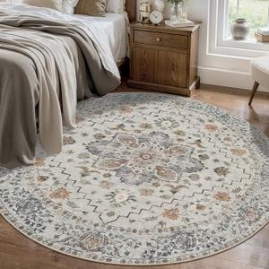 Tangsoo Vintage Round Rug 5ft, Washable Circle Rug, Non Slip Boho Round Area Rug, Low Pile Circular Rugs, Round Carpet for Bedroom, Livingroom, Nursery, Dorm, Office, Grey