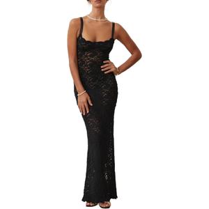 Womens Cocktail Dress Sexy Lace Hollow Out Transparent Sleeveless Spaghetti Straps Slim Fit Maxi Party Club Evening Dress (Small, Black)