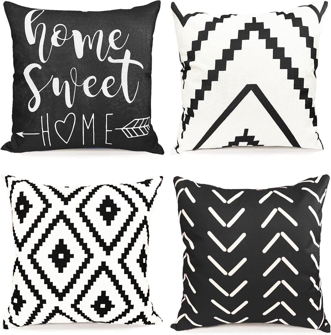 Decorative Throw Pillow Covers 18x18 inch Black White Pillow Covers for Couch Sofa Living Room Bedroom Farmhouse Outdoor Throw Pillow Cover,Modern Geometric Linen Square Throw Pillow Case Set of 4 (18" x 18" (Pack of 4), Black White-geometric)