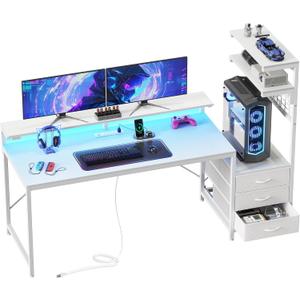 PRAISUN 61.7" Gaming Desk with LED Lights & Outlets, Computer Desk with 3 Fabric Drawers, PC Desk with PC Case Stand & Movable Storage Shelves, Monitor Stand, Reversible, White