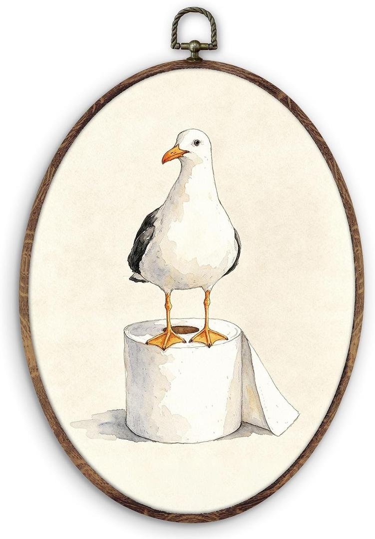 DILSJ Funny Coastal Seagull Bathroom Oval Wall Art Decor, Coastal Beach Canvas Wall Art Framed, Ocean Bird on Toilet Paper Hanging Decorations for Bathroom Washroom Restroom, 8.5x11 Inch