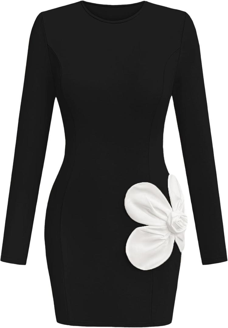 Lazysmile Fall Dresses for Women Long Sleeve Crewneck Floral Slim Fit Bodycon Party Club Going Out Casual Mini Short Dress (Medium, Black)