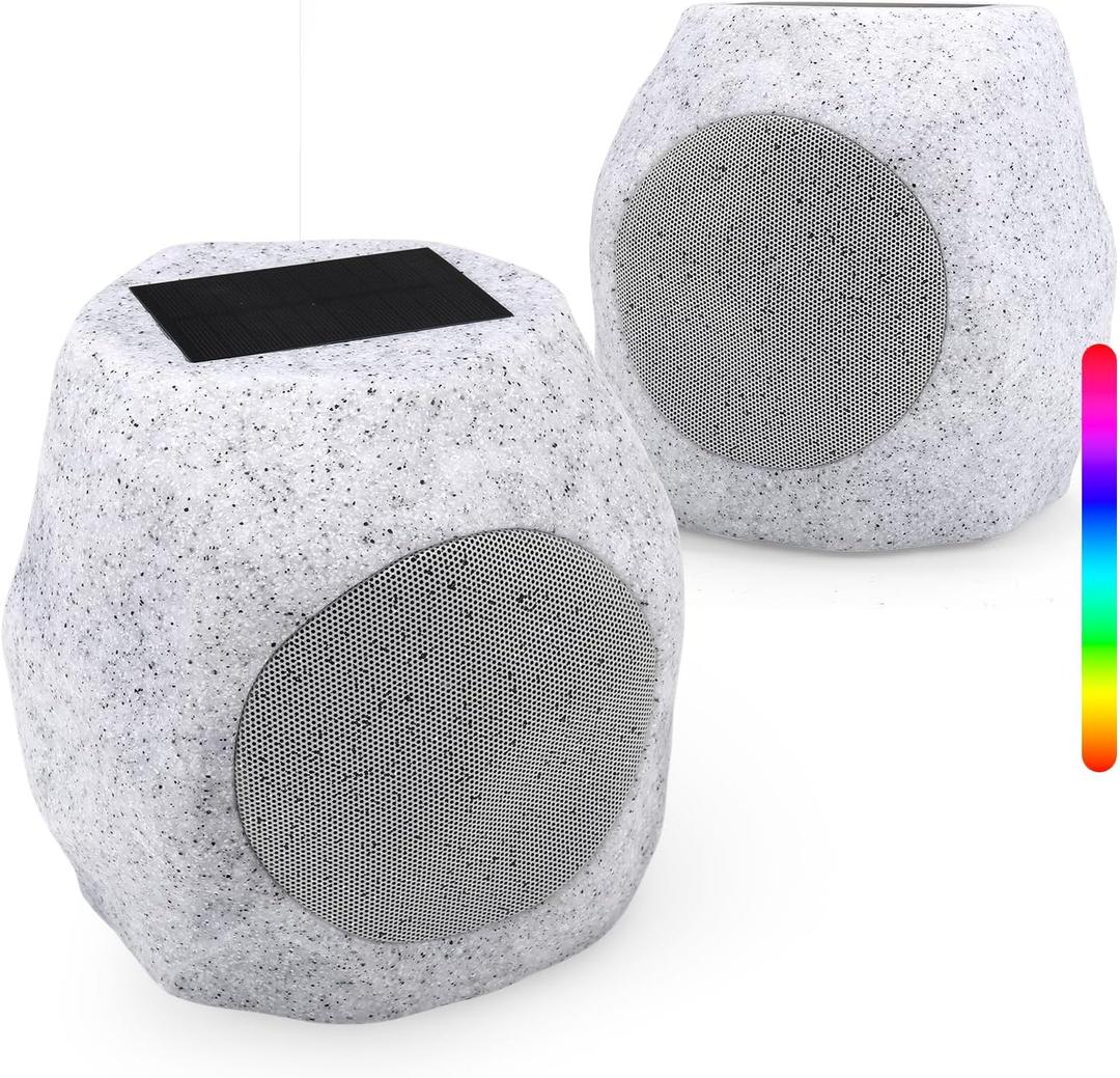 REATSOC Outdoor Solar Rock Bluetooth Speakers with Colorful Lights, Deep Bass IPX4 Waterproof Speaker, Solar-Powered, TWS Paring, Durable Design, Perfect for Pool Garden and Outdoor Activities -2 Pack