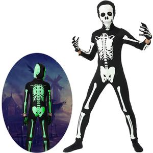 Cupohus Halloween Costume Glow in Dark, compatible for Skeleton Costume Bodysuit Jumpsuit - Black and White Halloween Jumpsuit Costume, Unisex(Kids-L)