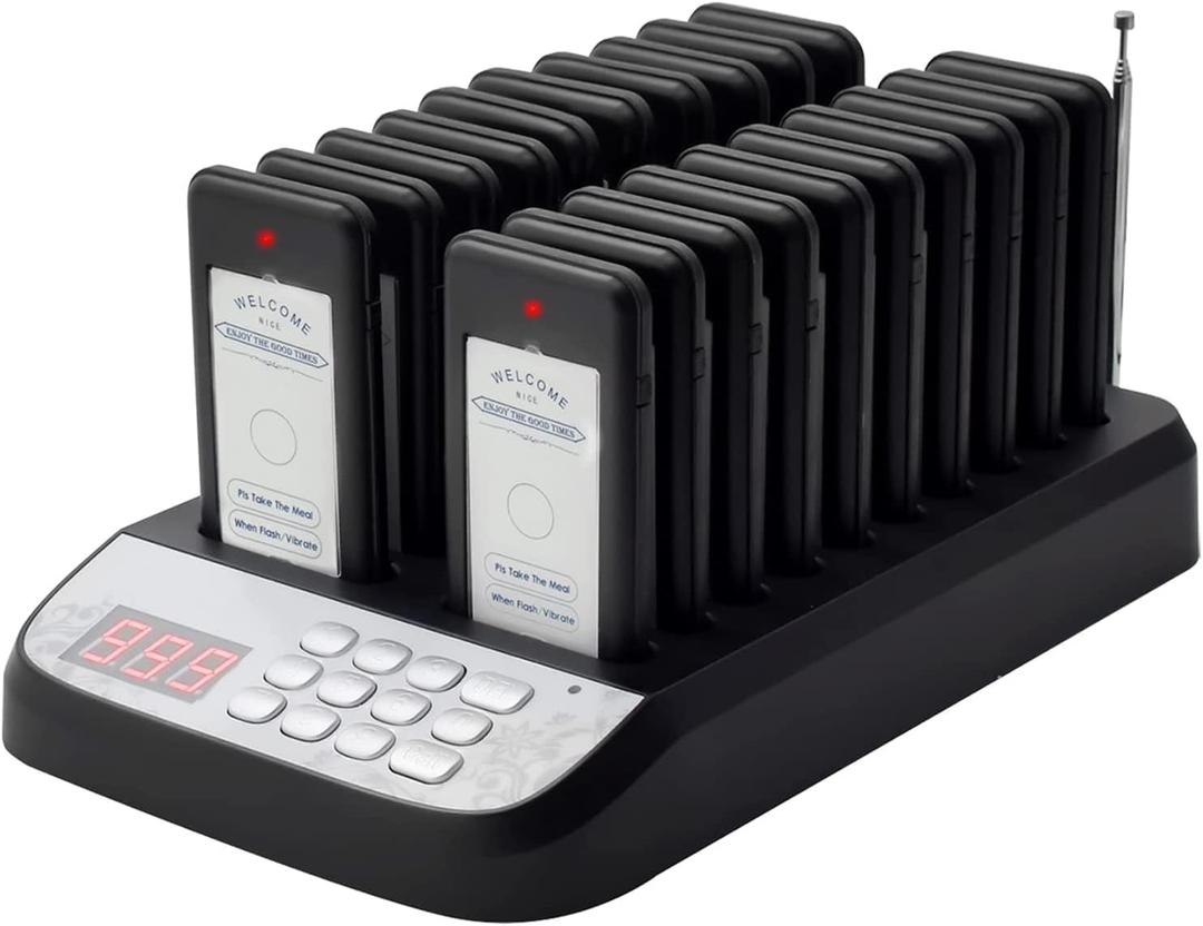 Restaurant Buzzer System, 20 Wireless Pagers Buzzers for Restaurants, Set with Vibration, Flashing and Buzzer, Restaurant Pager System for Church, Hospital, Bar, Hotel,Truck (Black) (Twenty)