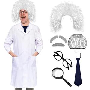 8 Pcs Mad Scientist Costume for Adult Halloween Back to The Future Albert Einstein Wig Lab Coat, L