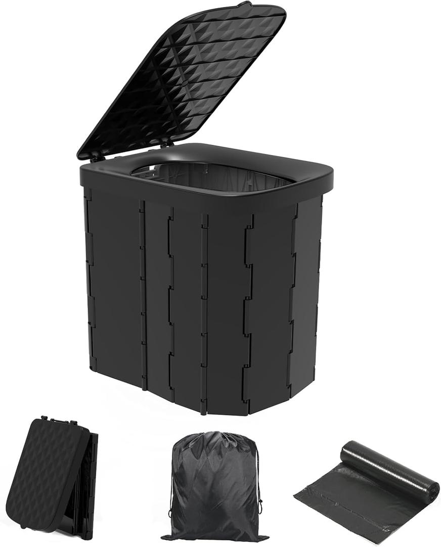 Hapoon XL Portable Folding Toilet with Lid - Travel Portable Potty for Adults, 12 Toilet Bags, 12 Pack Liquid Waste Gel (Black)