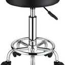 Round Rolling Stools PU Leather Seat Height Adjustable Swivel Stool with Wheels Black