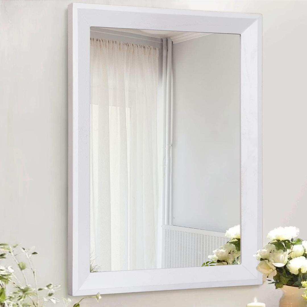 AAZZKANG Rectangular Wall Mirror Decorative Wood Framed Mirrors Large 28"x20" for Farmhouse Bedroom Bathroom Living Room Entryway Hanging Home Decor (White)