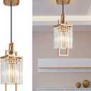 Modern Gold Pendant Light Fixtures for Kitchen Island and Dining Room, Industrial Small Hanging Crystal Chandelier Light Fixture for Bedroom Entryway Living Room Foyer Hallway 1-Pack