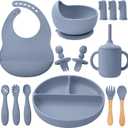 LITTLE RAWR Silicone Baby Feeding Set 14 Pcs,Baby Led Weaning Supplies, Baby Spoons Suction Bowl Divided Plate Bib Cup Finger Brush,First Stage Solid Food Eating Utensils - 6+ Months(Blue Gray)
