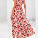PRETTYGARDEN Women's 2025 Summer Floral Midi Dress Cap Sleeve V Neck Ruffle Long Flowy Boho Casual Beach Vacation Dresses (Medium, Floral Orange Pink Red)