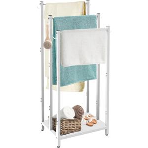 AnBaiMei 44 Inch Tall Free Standing Towel Rack with Metal Storage Shelf & 6 Hooks for Bathroom, 3 Tiers Heavy Duty Blanket Drying Stand Holder for Outdoor Pool, Bedroom, Living Room, White
