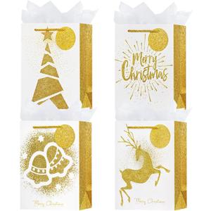 OFIHANLY 4 Pack 9" Small Size Christmas Gift Bags with Handles for Xmas Holiday Presents Gold Cute Paper Wrapping Bag with Tissue Paper for Kids