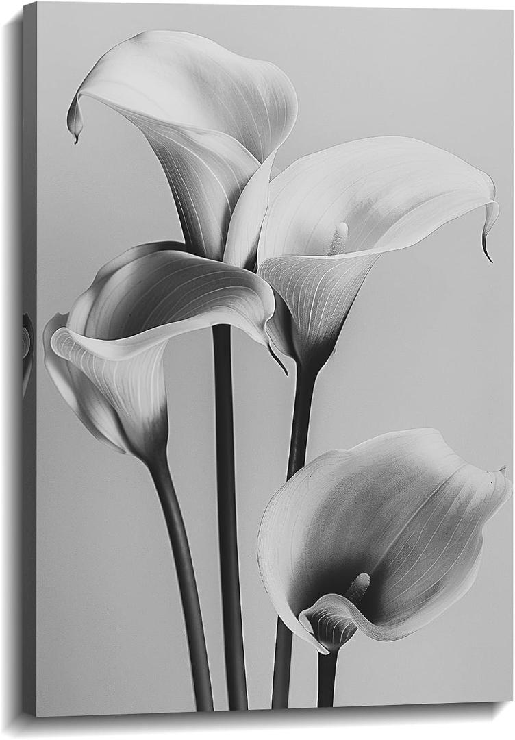 Black and White Flower Wall Art Calla Lily Picture Elegant Floral Canvas Prints Modern Painting Ready to Hang for Bathroom Living Room Bedroom Home Office Decor Framed(Flower-12,12.00"x18.00")