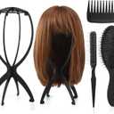 2 Pack Wig Head Stand with 3 PCS Wig Brush Comb, Travel Wig Holder Comb Set for for Women Multiple Wigs (Black)