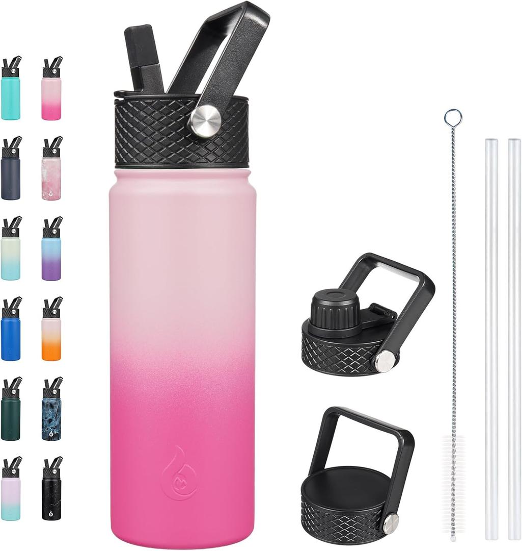 BJPKPK Insulated Water Bottles with Straw Lid, 22oz Cold & Hot Thermo, Stainless Steel Metal Water Bottle with 3 Lids, Reusable Thermo, Cups, Mugs for Daily Use-Cherry