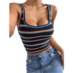 GORGLITTER Women's Colorful Striped Cropped Tank Top Square Neck Sleeveless Slim Tops Summer Trendy 2025 (S)