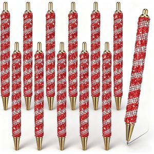 12 Pcs Christmas Candy Cane Pens Full Rhinestone Fancy Ballpoint Pens Glitter Sparkly Crystal Diamond Bling Writing Ballpoint Black Ink for Xmas Gifts Stocking Stuffer Stationery (Red)