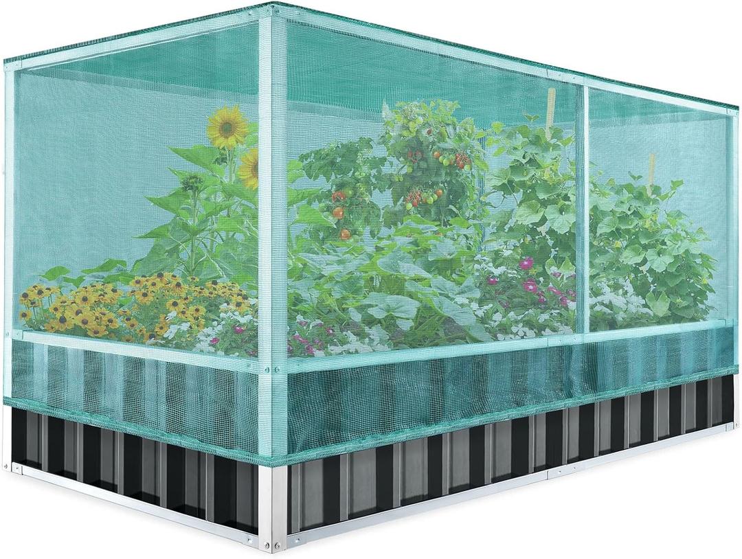 KING BIRD 68" x 36" x 34.6" Raised Garden Bed with Garden Anti-Bird Protection Netting Structure Galvanized Steel Metal Planter Kit Box with 2 Pairs of Gloves Dark Grey