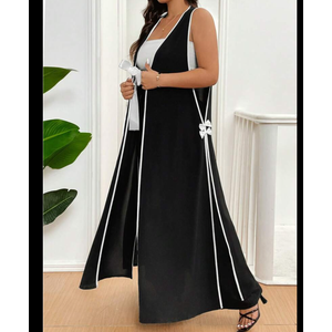 Emery Rose Plus Size Color Black Bow Decor Long Vest Jacket+Black Pants, XL