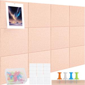 12Pcs Felt Bulletin Board, Upgraded Felt Wall Tiles with 48 Removable Adhesive Tabs & 30 Push Pins, Large Cork Boards for Walls, Perfect for Classroom, Home, Office, DIY Vision Board (Pink)