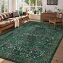 LIVEBOX Dark Green Floral Washable Area Rug 5x7 Rugs for Living Room Bedroom, Vintage Green Forest Floral Rug, Boho Non Slip Low Pile Stain Resistance Throw Carpet for Farmhouse, Dining Room, Office