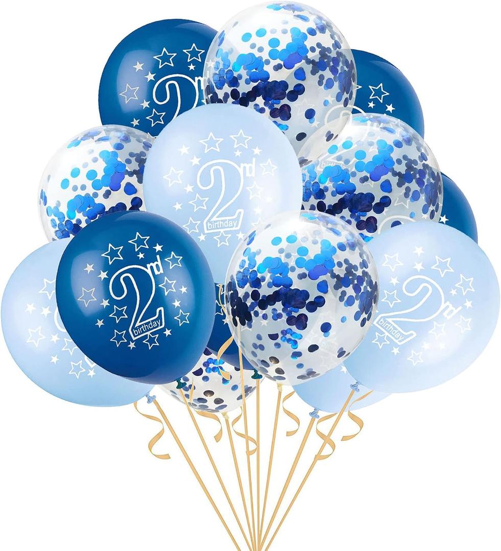 SHUNTAI Second Birthday Balloons Blue 2nd Happy Birthday Party Decorations Blue Latex Confetti Balloon for 2 Years Old Themes Birthday Party Supplies 15 Pack 12 inch